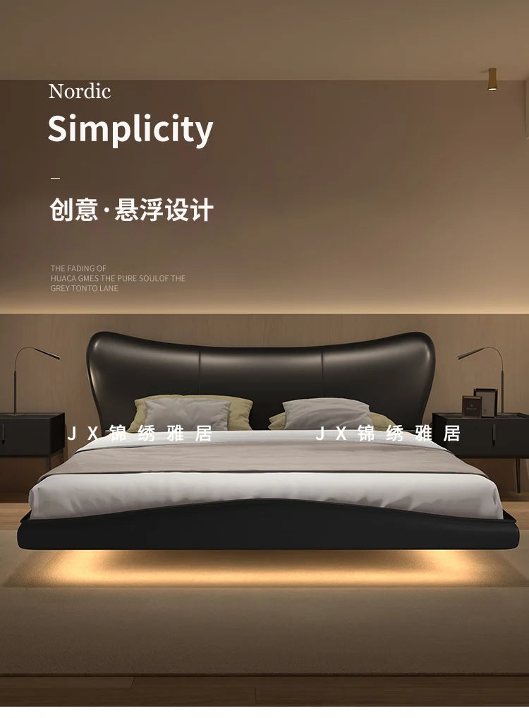 Modern black upholstered bed frame with a curved headboard and a minimalist floating design with under-bed LED lighting.
