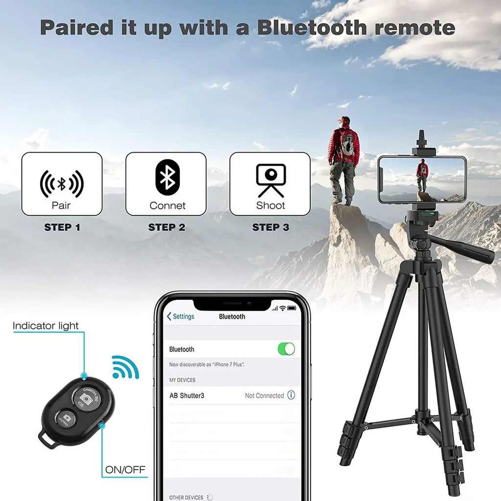 Black tripod with smartphone mount and wireless Bluetooth remote shutter for easy hands-free photography.