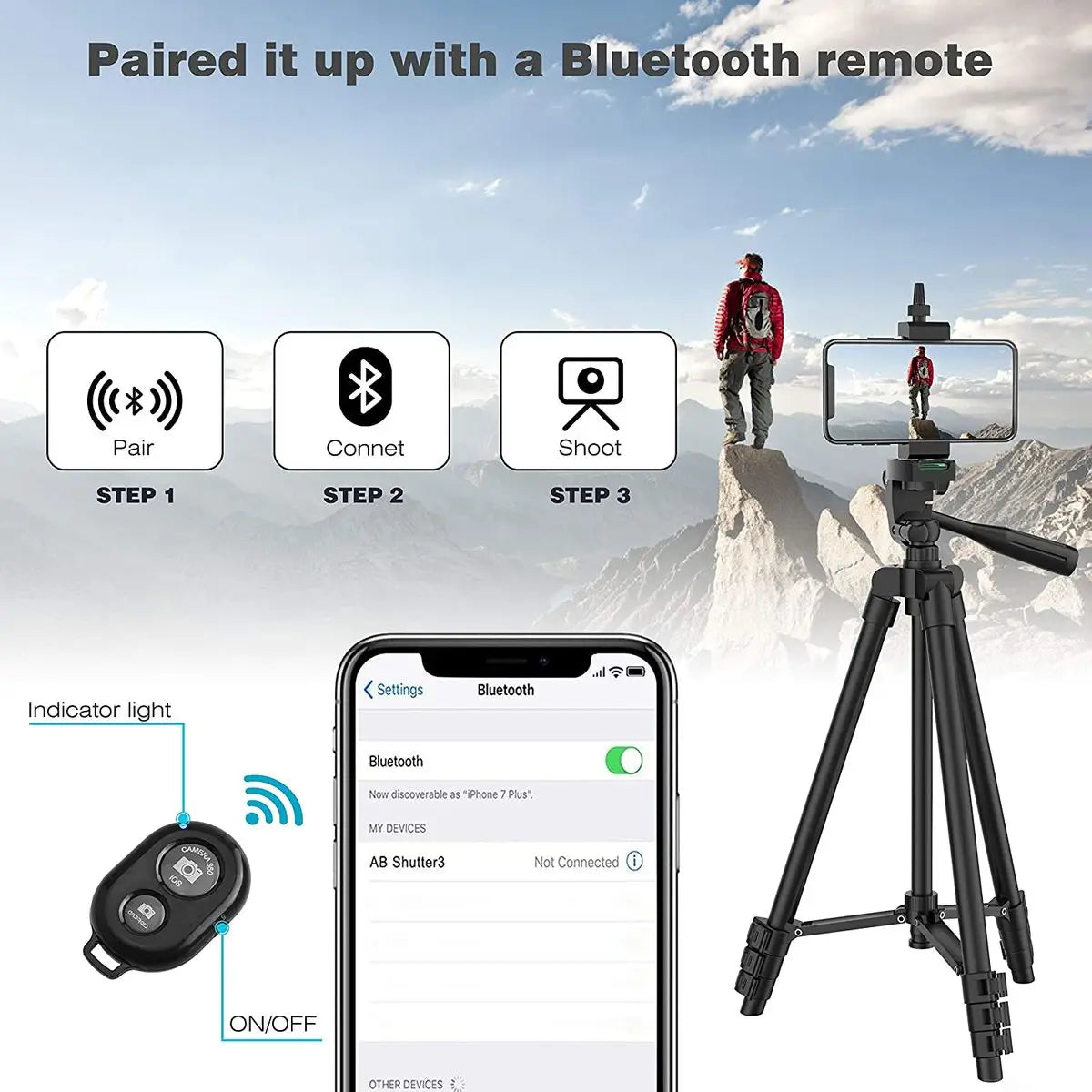 Black tripod with smartphone mount and wireless Bluetooth remote shutter for easy hands-free photography.