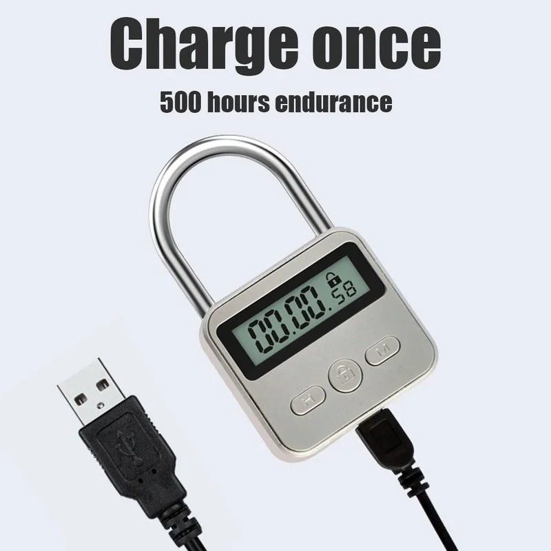 Silver metal digital timer padlock with three control buttons and a USB charging cable on a white background.