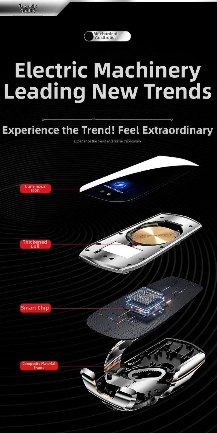 Exploded view of a sleek, metallic wireless car phone charger showing the luminous icon, charging coil, and smart chip.