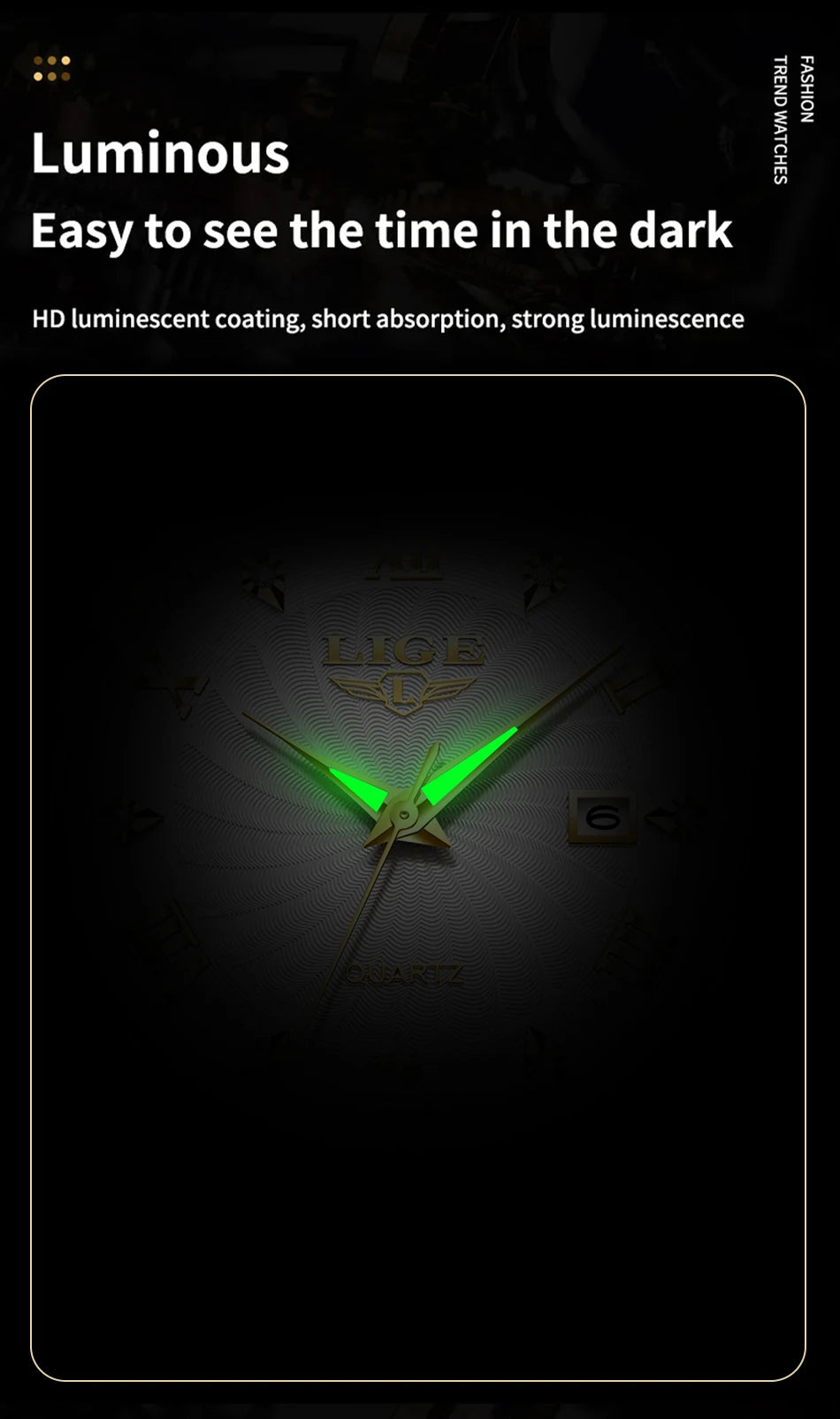 Close-up of a gold quartz watch face with glowing green luminous hands for visibility in low light.