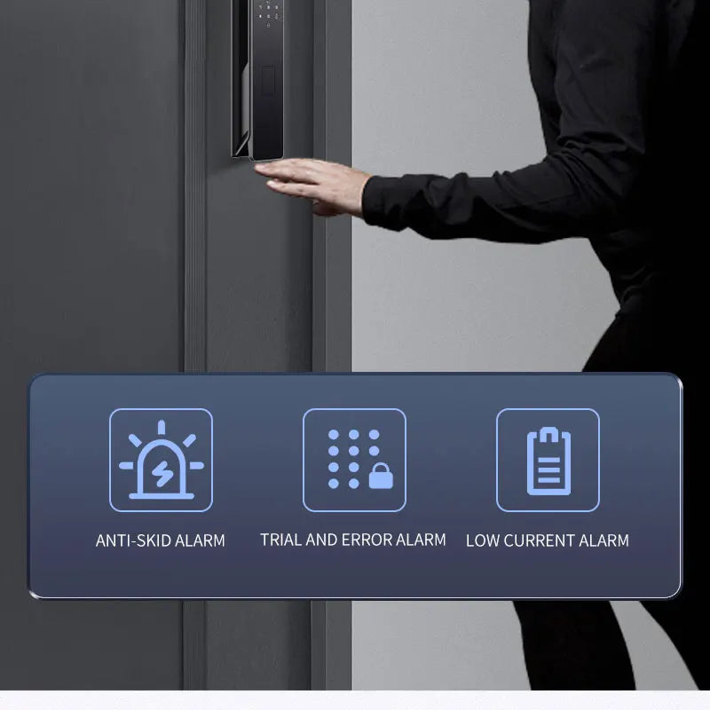 Black metal smart door lock with touch keypad and alarm icons for anti-skid, trial error, and low battery.