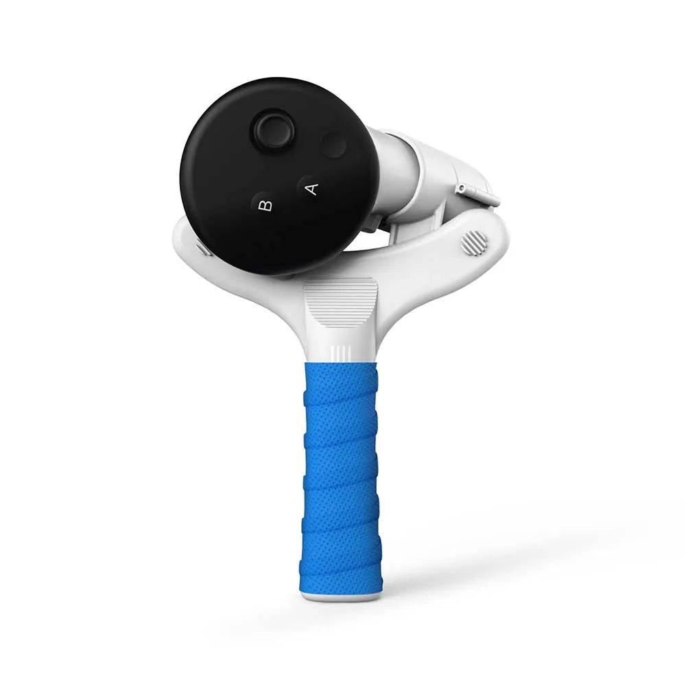 AMVR white and blue table tennis adapter with textured grip attached to a black Quest 3 controller.