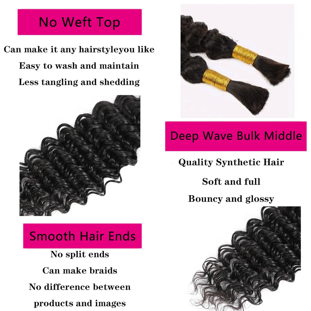 Two black deep wave human hair bundles, 26 inches, featuring no weft top and smooth ends for braiding.