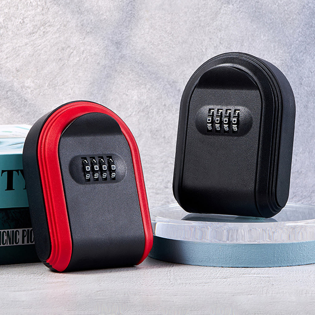 Two black and red metal key lock boxes with four-digit combination dials.