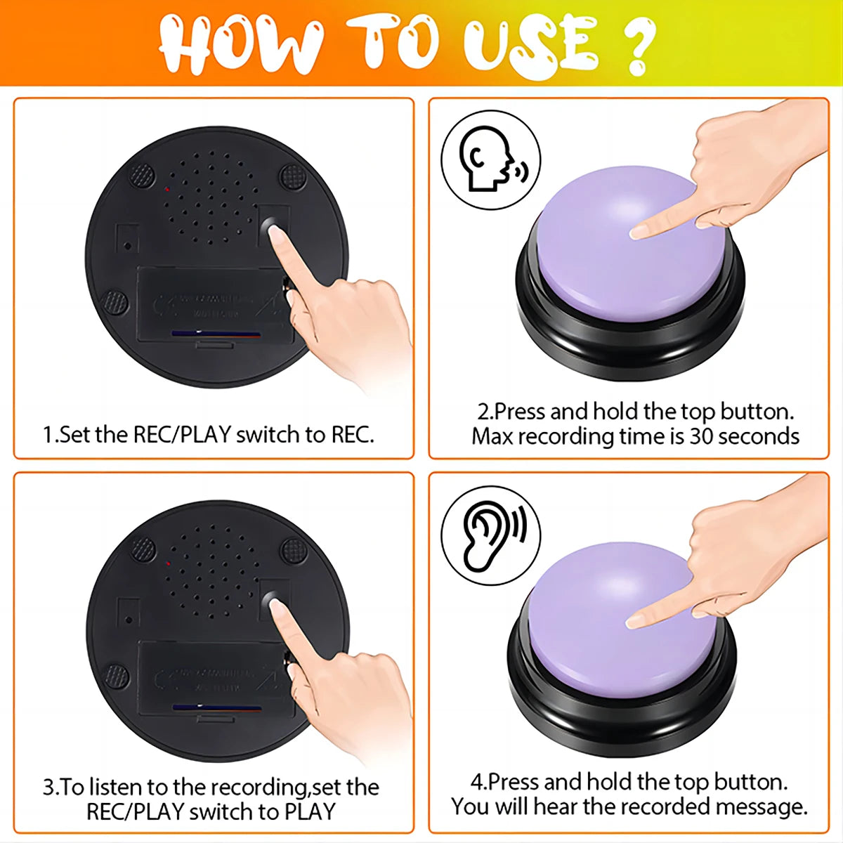 Instructional graphic for a round, black interactive dog training button with a large, purple, recordable top button.