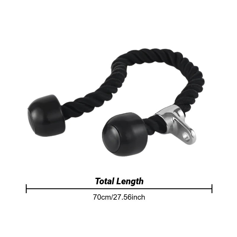 Black tricep pull rope attachment with chrome connector and two large solid ends, 70cm total length.