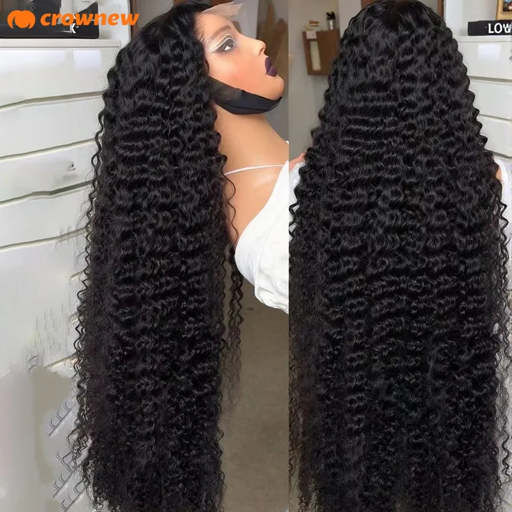 Long black human hair wig with deep wave curls on a mannequin, shown from side and back views.