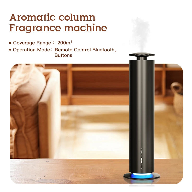 Sleek black cylindrical essential oil diffuser on a wooden table, emitting a gentle mist with a blue glowing base.