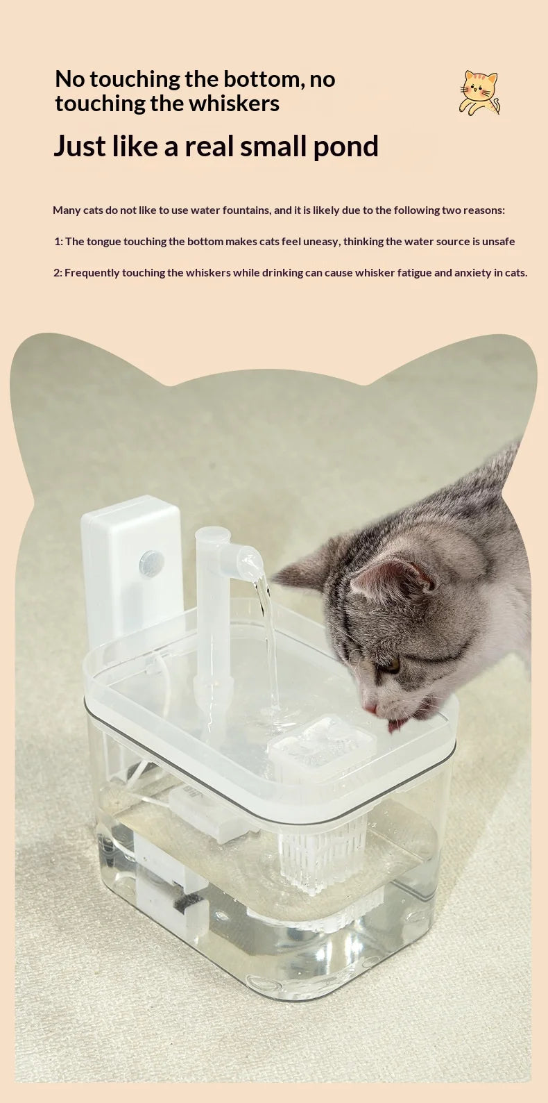 A clear, automatic pet water fountain with a white filter unit, with a cat drinking from the gentle water stream.