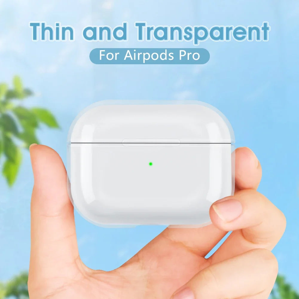 Thin, transparent protective case for AirPods Pro held in a hand against a blue sky background.