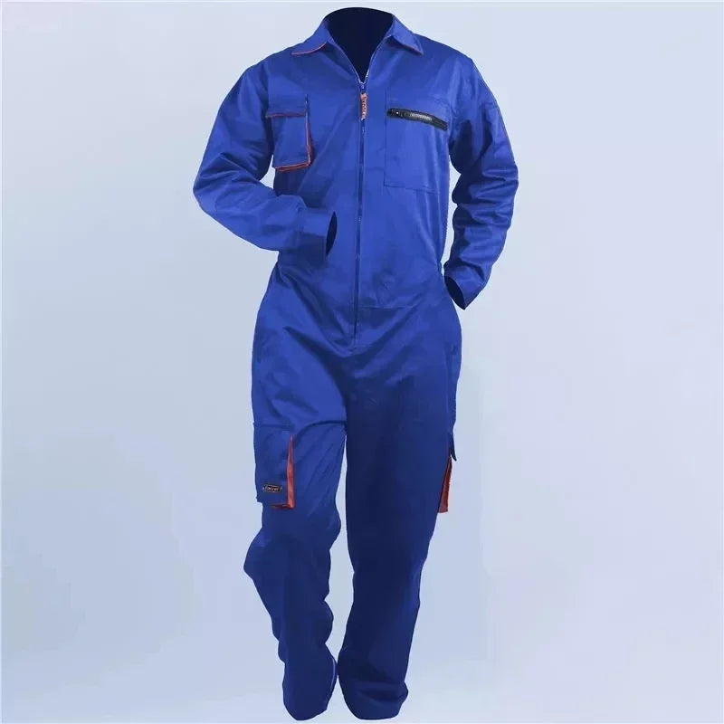 Blue long-sleeve cotton work jumpsuit with zip front, collar, and multiple utility pockets with red accents.