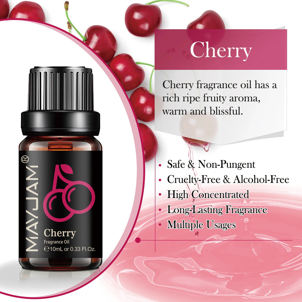 10ml bottle of concentrated cherry fragrance oil, featuring a black cap, dark glass bottle, and cherry-themed label.