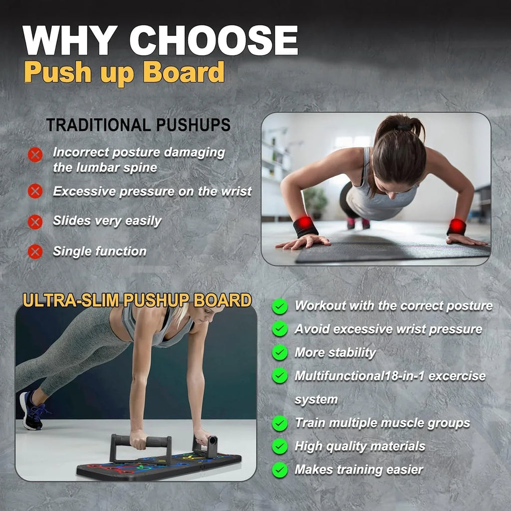 Black 18-in-1 multi-function push-up board with removable handles for targeted strength training.