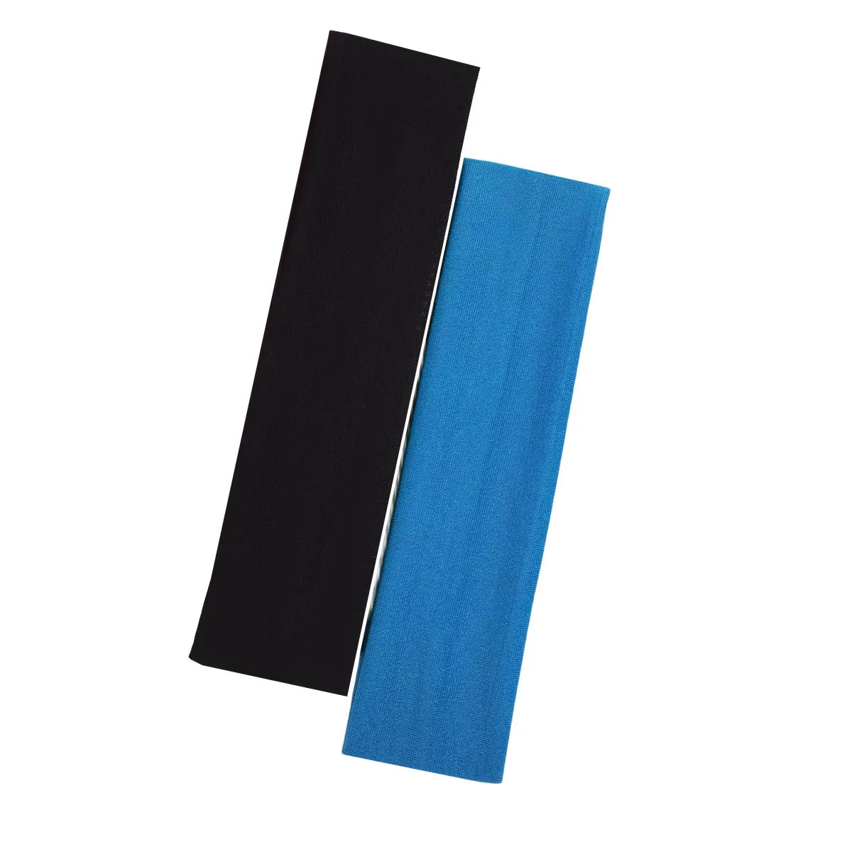 Two fabric headbands, one black and one bright blue, positioned diagonally against a white background.