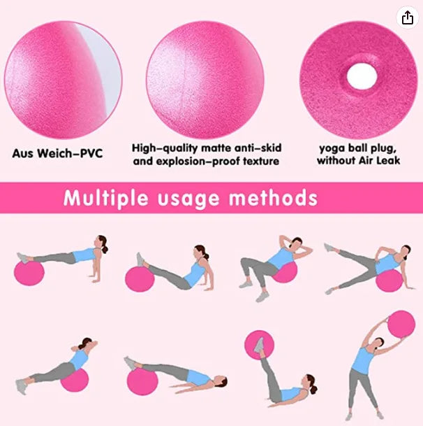 Infographic showing a pink yoga ball, its material, texture, plug, and eight yoga exercises.