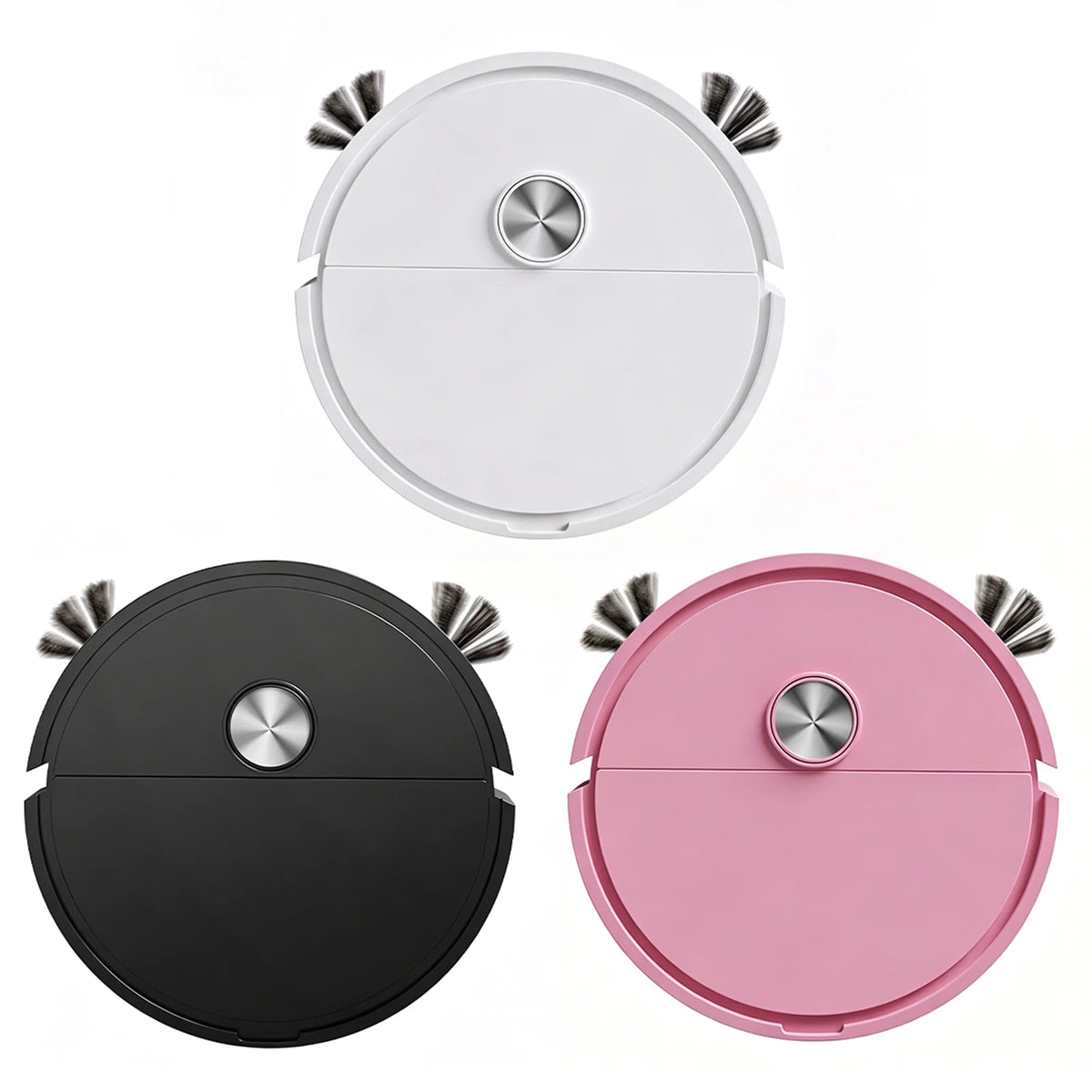 Three robot vacuums in white, black, and pink, each with side brushes and a silver central button.