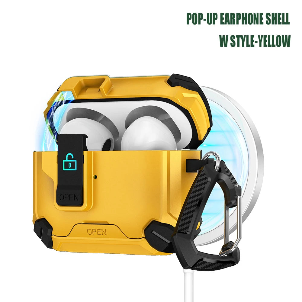 Rugged yellow and black protective case for AirPods with a secure locking latch and carabiner clip.