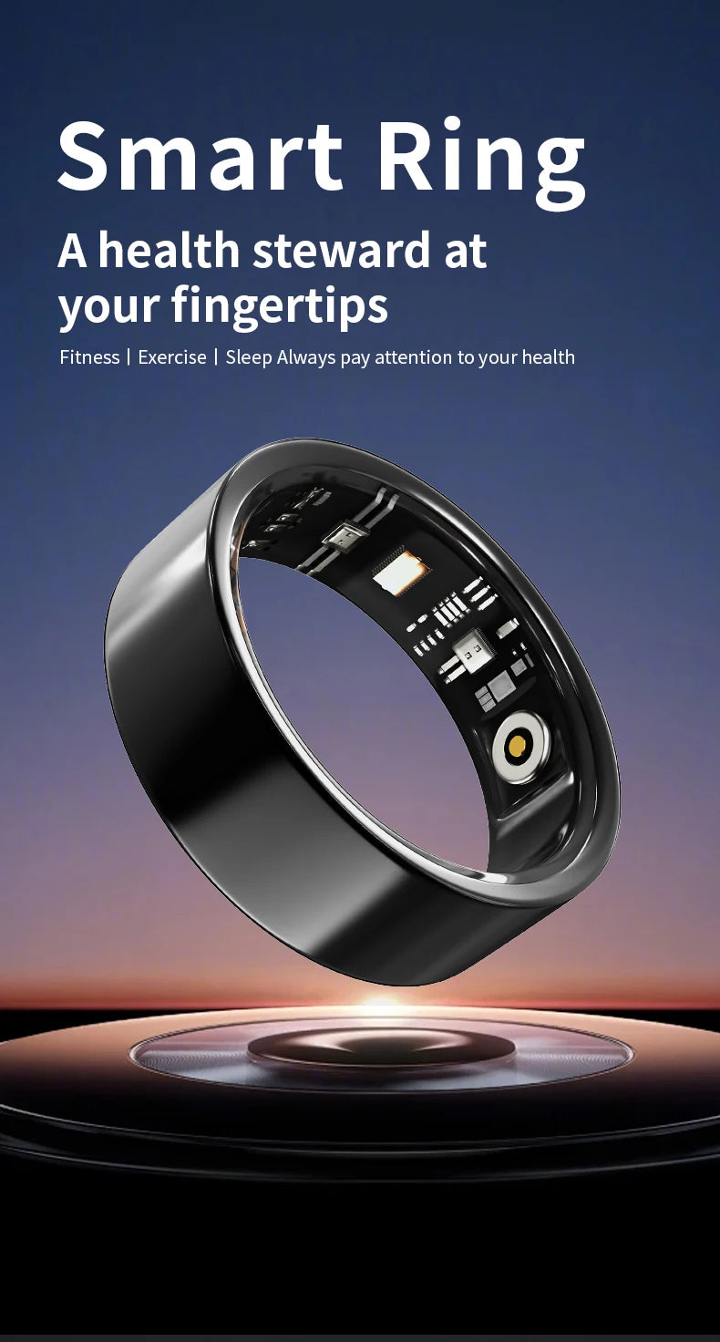 Sleek black smart health tracking ring showing interior sensors, suspended over a base against a sunset backdrop.