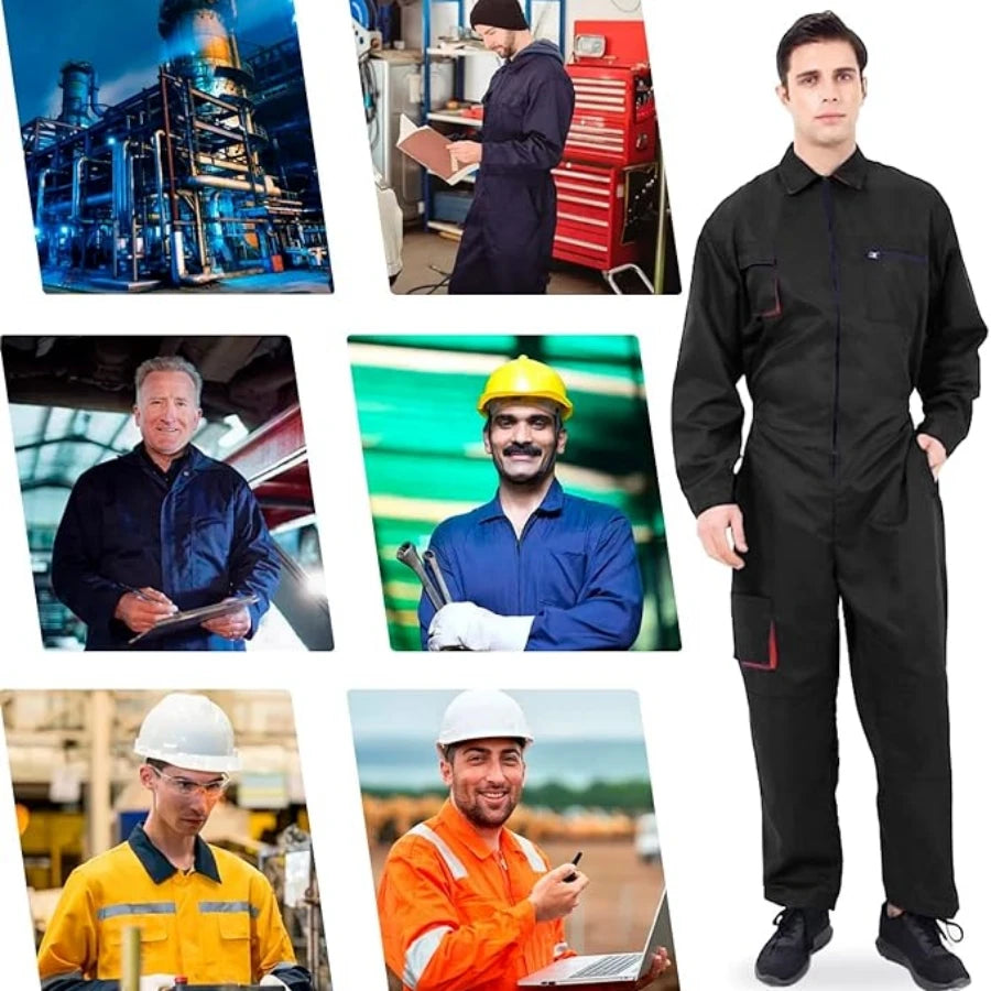 A model wears black, heavy-duty zip-up workshop coveralls with practical pockets, shown alongside industrial work scenes.