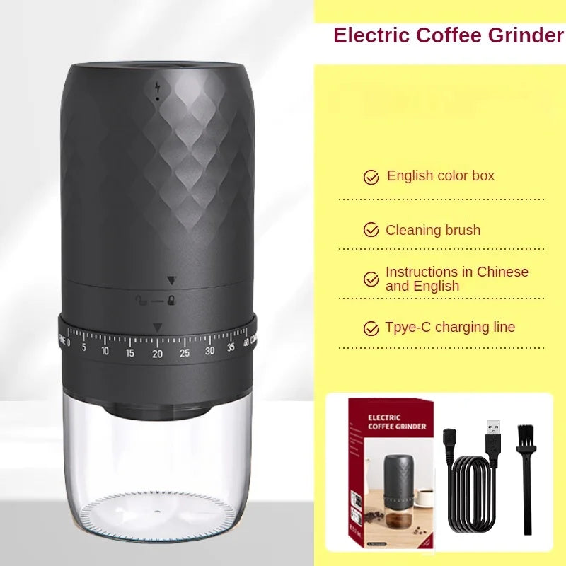 Matte black portable electric coffee grinder with a textured diamond pattern and a clear base container.