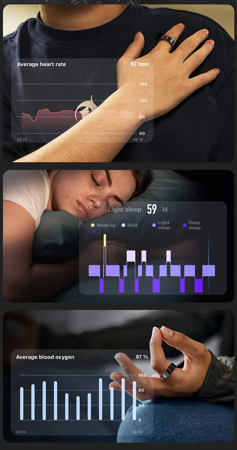 Sleek black smart health ring with a touch display showing heart rate, sleep tracking and blood oxygen data.