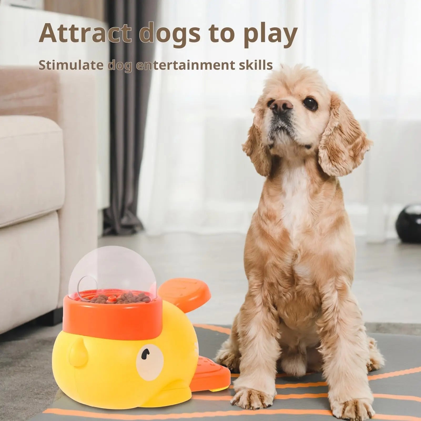 A yellow and orange interactive dog treat dispenser toy shaped like a cartoon bird, sitting next to a seated dog.