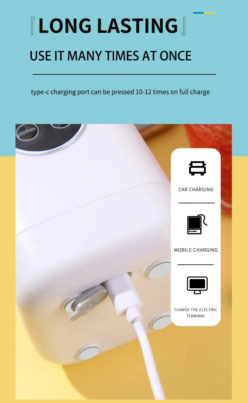 White portable device with a Type-C charging port and cable, shown in a promotional graphic.