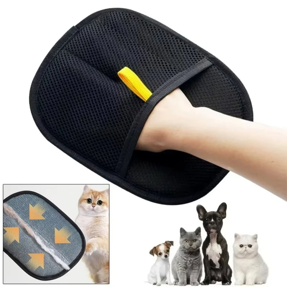 Black mesh pet grooming mitt with a yellow loop, shown being worn to remove pet hair from cats and dogs.