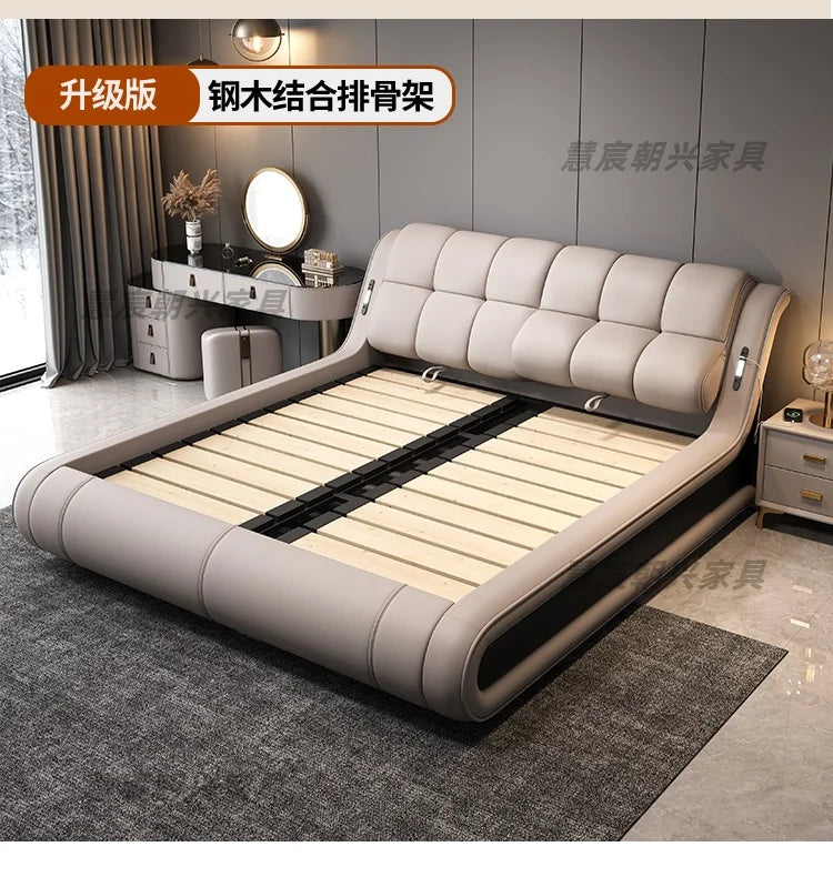 Modern light grey genuine leather bed frame with a tufted headboard and sturdy slatted base in a contemporary bedroom.