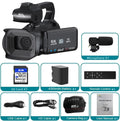 Black 6K digital camcorder with microphone, 32GB SD card, battery, remote, cables, carry bag, and manual.