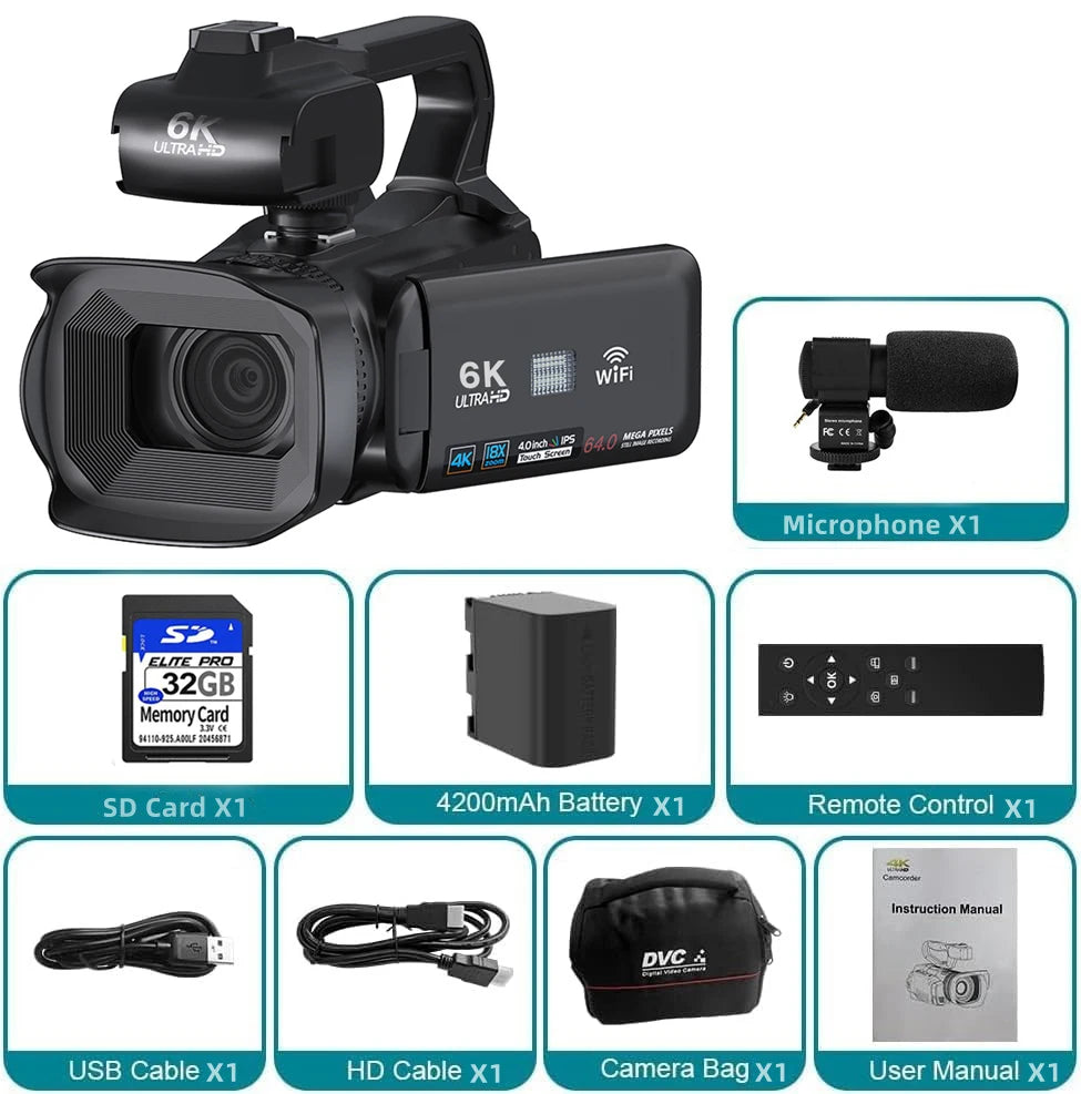 Black 6K digital camcorder with microphone, 32GB SD card, battery, remote, cables, carry bag, and manual.