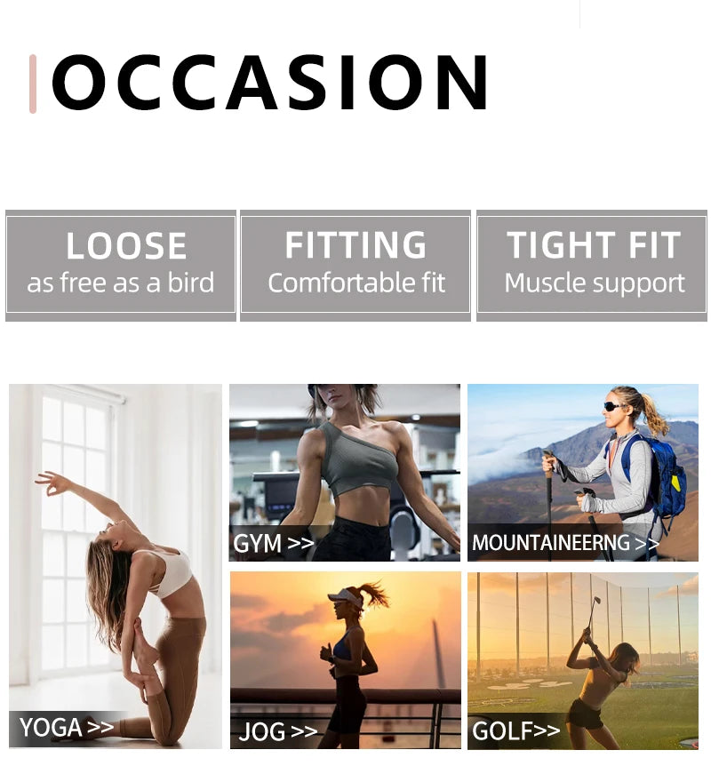 Collage showing activewear fits—loose, comfortable, and tight—worn by women during yoga, gym, hiking, jogging, and golf.