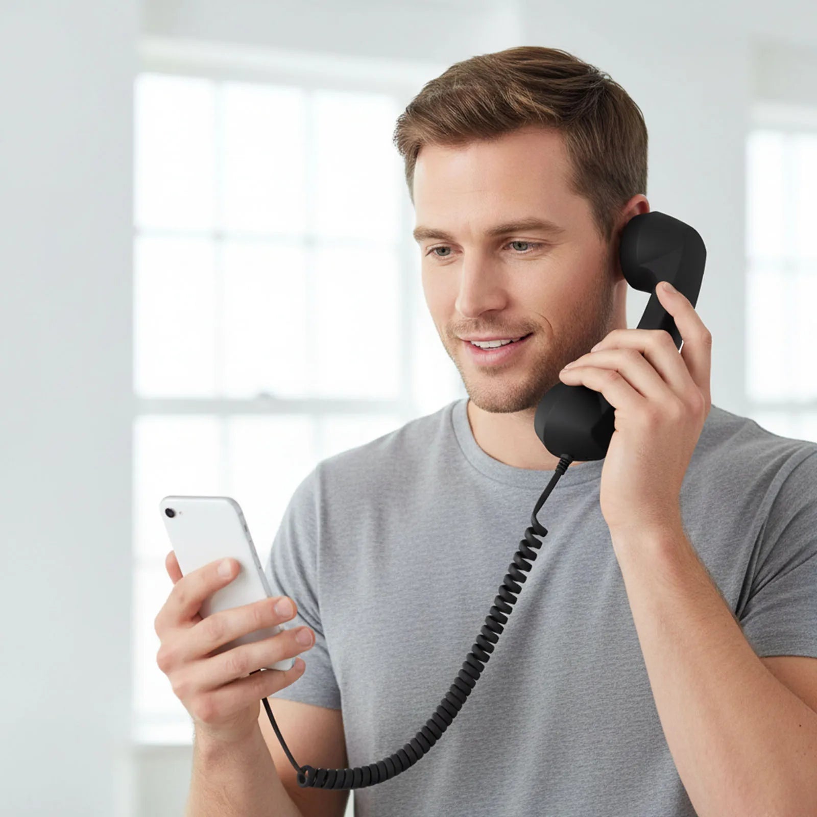 Man using a black retro-style handset connected to a smartphone for comfortable, hands-free calling.