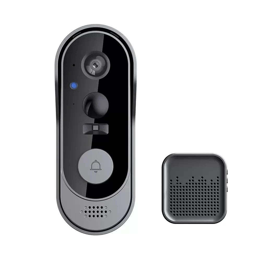 Grey wireless video doorbell with camera, night vision, and chime speaker, featuring a modern, sleek oval design.