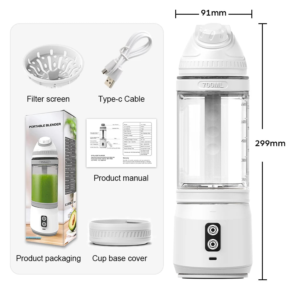 White portable 700ml electric blender with clear cup, filter, charging cable, and base cover, plus packaging and manual.