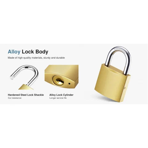 Gold-colored alloy padlock with a silver-colored hardened steel shackle and a key-operated alloy cylinder.