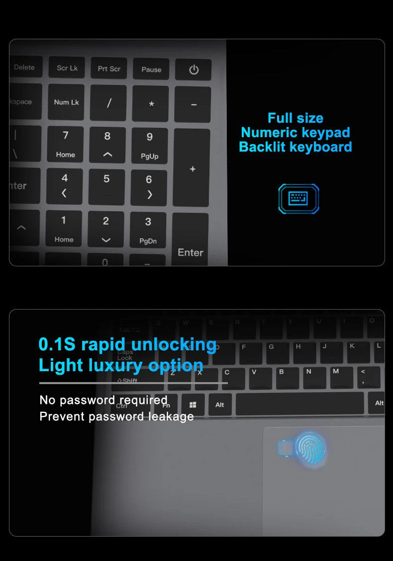 Silver 15.6-inch laptop features a full-size backlit keyboard with numeric keypad and a fast fingerprint sensor.