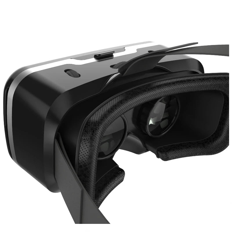 Black VR headset for smartphones featuring adjustable lenses, comfortable foam padding, and an elasticated head strap.