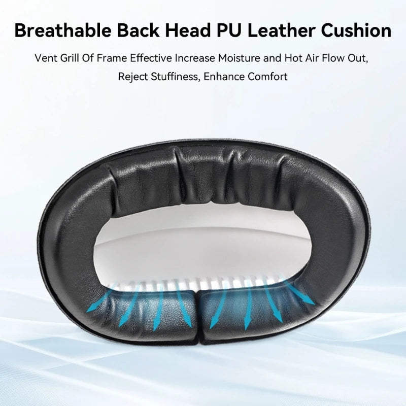 Black PU leather VR head strap cushion with integrated ventilation for increased comfort and airflow.