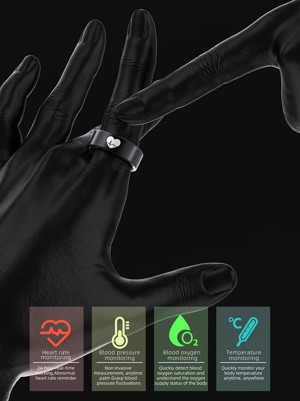 Sleek black smart fitness ring worn on a hand, featuring heart rate, blood pressure, oxygen, and temperature tracking.
