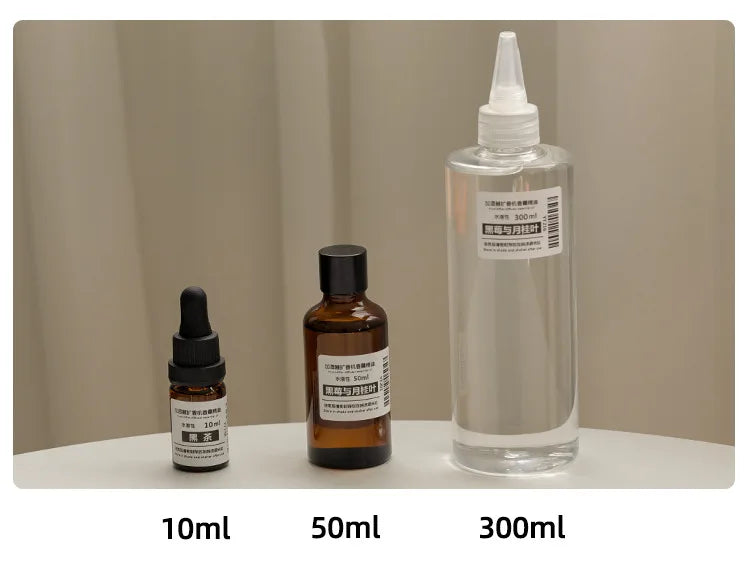 Three fragrance oil bottles: a 10ml dropper, 50ml amber glass bottle, and a 300ml clear plastic squeeze bottle.