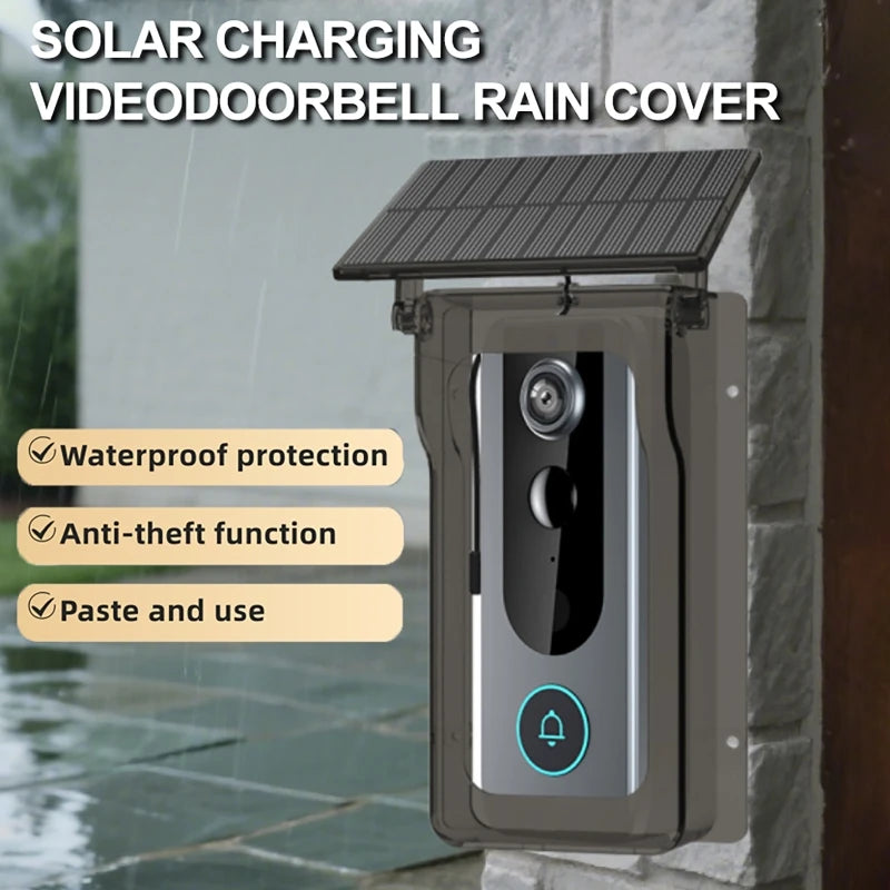 Smart video doorbell in a sleek, grey protective rain cover with an integrated solar charging panel.