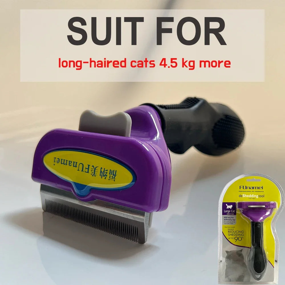 Purple and black pet deshedding tool for large long-haired cats, featuring a metal comb edge and ergonomic handle.