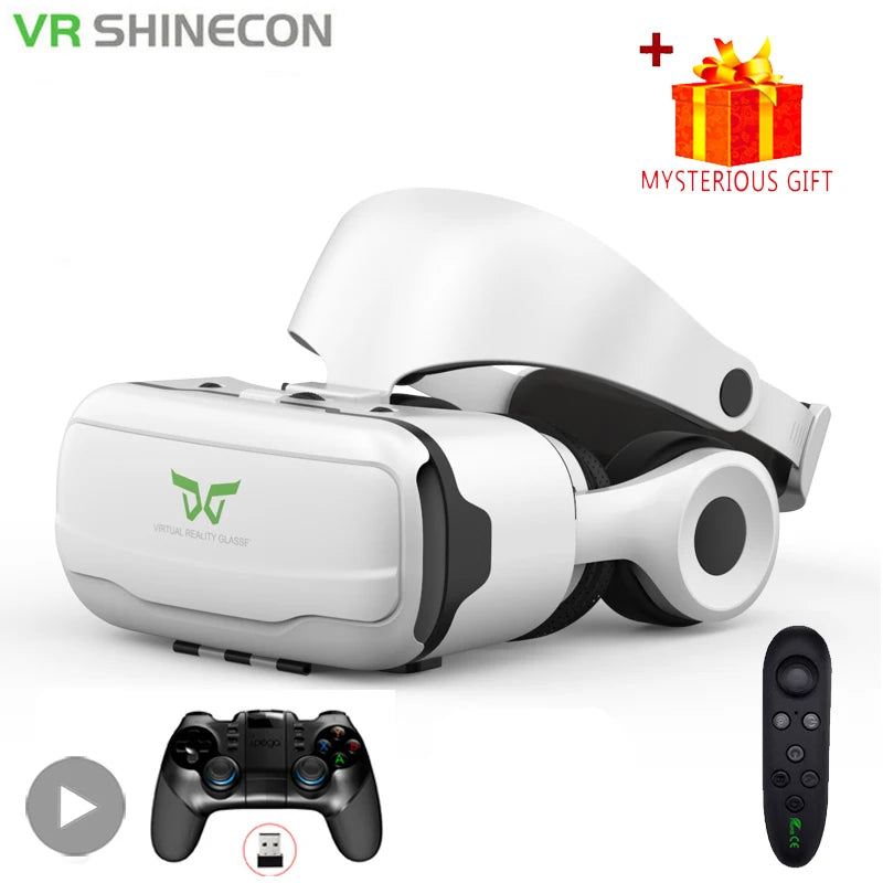 White VR headset with adjustable head straps, side earcups, green logo, black game controller, and remote.