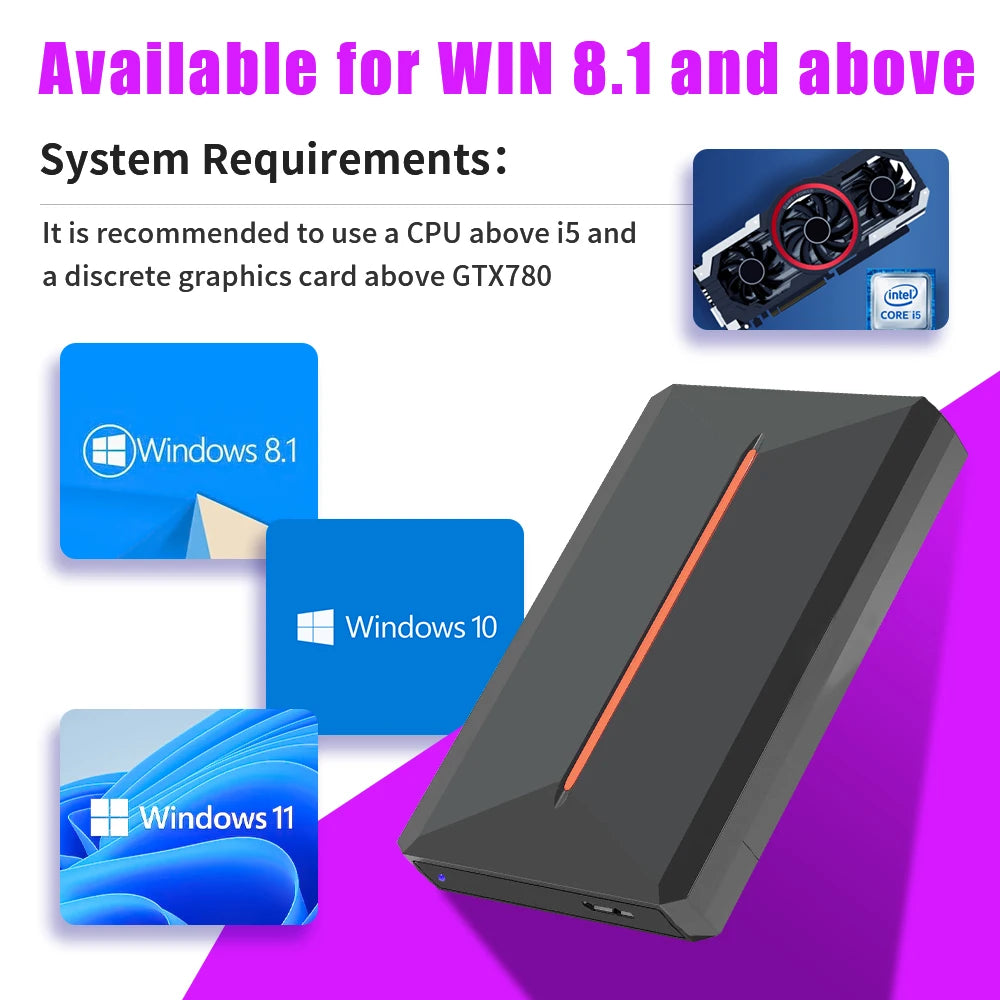 Dark gray 500GB portable external gaming hard drive with a glowing orange center strip and Windows compatibility icons.
