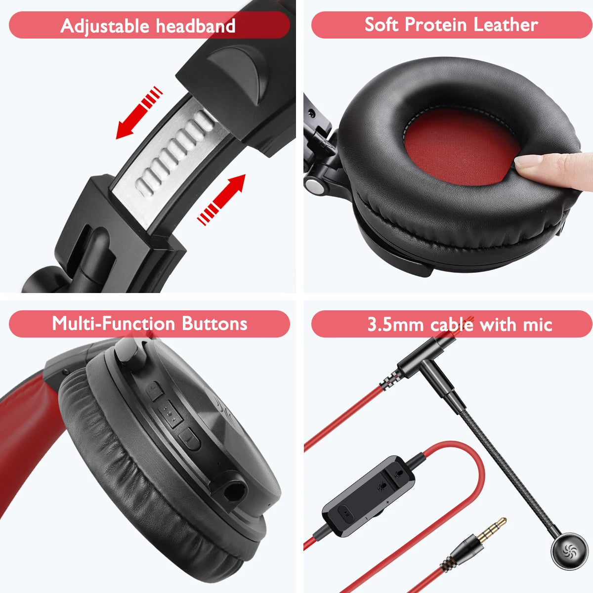 Black and red gaming headphones showing adjustable headband, soft ear cushions, control buttons, and wired mic cable.