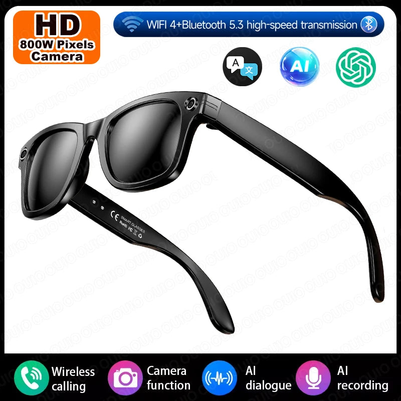 Sleek black smart glasses featuring a built-in HD camera, Bluetooth connectivity, and integrated AI features.