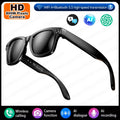 Sleek black smart glasses featuring a built-in HD camera, Bluetooth connectivity, and integrated AI features.